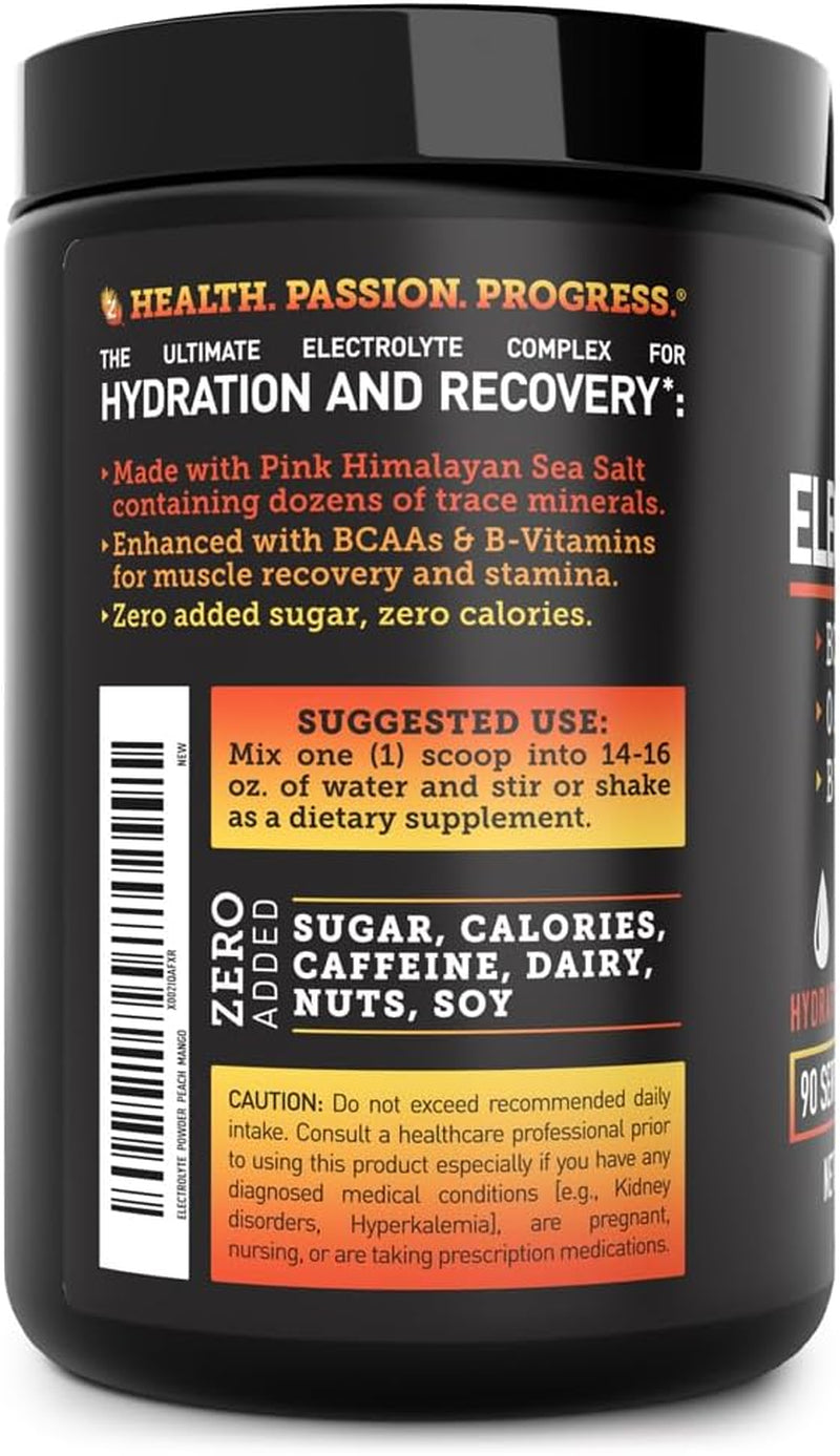 Enhanced Electrolyte Powder (Peach Mango | 90Ct.) W/ 0 Sugar +Bcaas +B-Vitamins Electrolyte Supplement W Potassium Zinc & Magnesium for Hydration - Keto Electrolytes