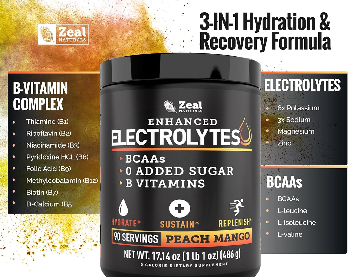 Enhanced Electrolyte Powder (Peach Mango | 90Ct.) W/ 0 Sugar +Bcaas +B-Vitamins Electrolyte Supplement W Potassium Zinc & Magnesium for Hydration - Keto Electrolytes