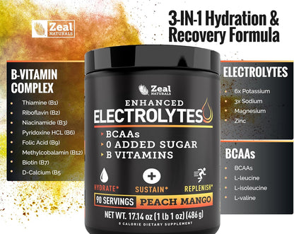 Enhanced Electrolyte Powder (Peach Mango | 90Ct.) W/ 0 Sugar +Bcaas +B-Vitamins Electrolyte Supplement W Potassium Zinc & Magnesium for Hydration - Keto Electrolytes