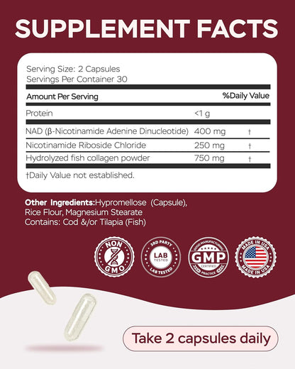 NAD Plus Supplement 1400mg with Nicotinamide Riboside, Collagen - 60 Capsules