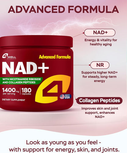NAD Plus Supplement 1400mg with Nicotinamide Riboside, Collagen - 180 Capsules