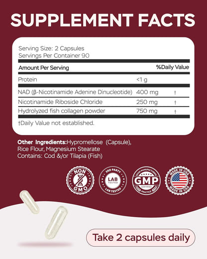 NAD Plus Supplement 1400mg with Nicotinamide Riboside, Collagen - 180 Capsules