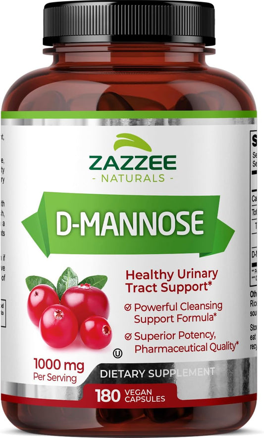 Zazzee D-Mannose, 1000 Mg per Serving, 180 Vegan Capsules, 3 Month Supply, Potent & Fast-Acting, Certified Kosher, 100% Pure, All-Natural Urinary Tract Health UTI Support, 100% Vegetarian, Non-Gmo