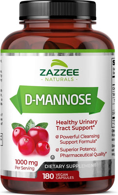 Zazzee D-Mannose, 1000 Mg per Serving, 180 Vegan Capsules, 3 Month Supply, Potent & Fast-Acting, Certified Kosher, 100% Pure, All-Natural Urinary Tract Health UTI Support, 100% Vegetarian, Non-Gmo