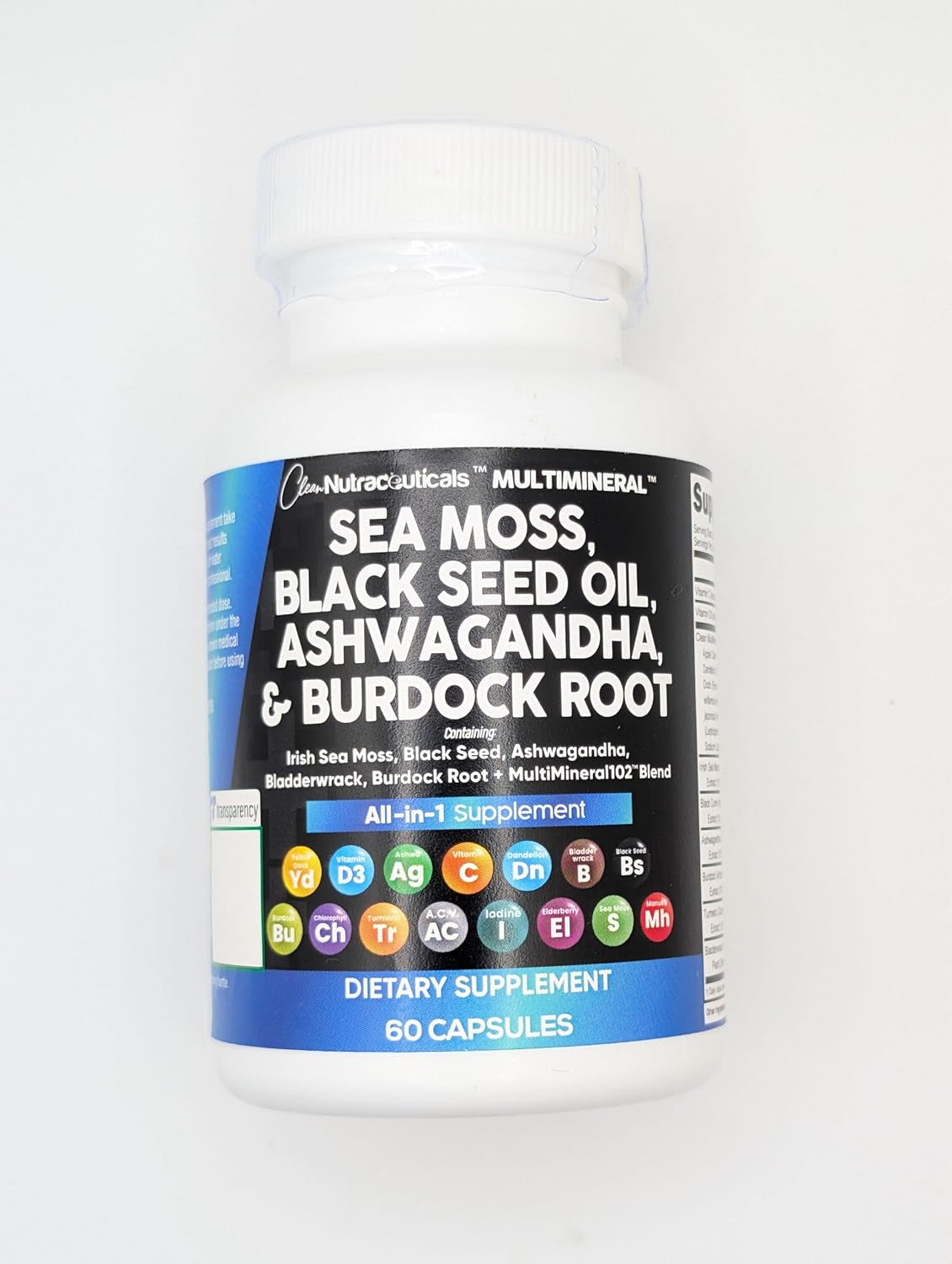 Clean Nutraceuticals Sea Moss, Black Seed Oil, Ashwagandha, Turmeric, Bladderwrack, Burdock, Vitamin C, Vitamin D3, Elderberry, Manuka, Dandelion, Yellow Dock, Iodine, Chlorophyll, and Apple Cider Vinegar Supplement