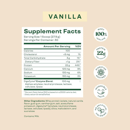 Bloom Nutrition Whey Isolate Protein Powder, Vanilla - Pure Iso Post Workout Recovery Drink Blend, Smoothie Mix with Digestive Enzymes for Gut Health - Low Carb, Keto & Zero Sugar Added