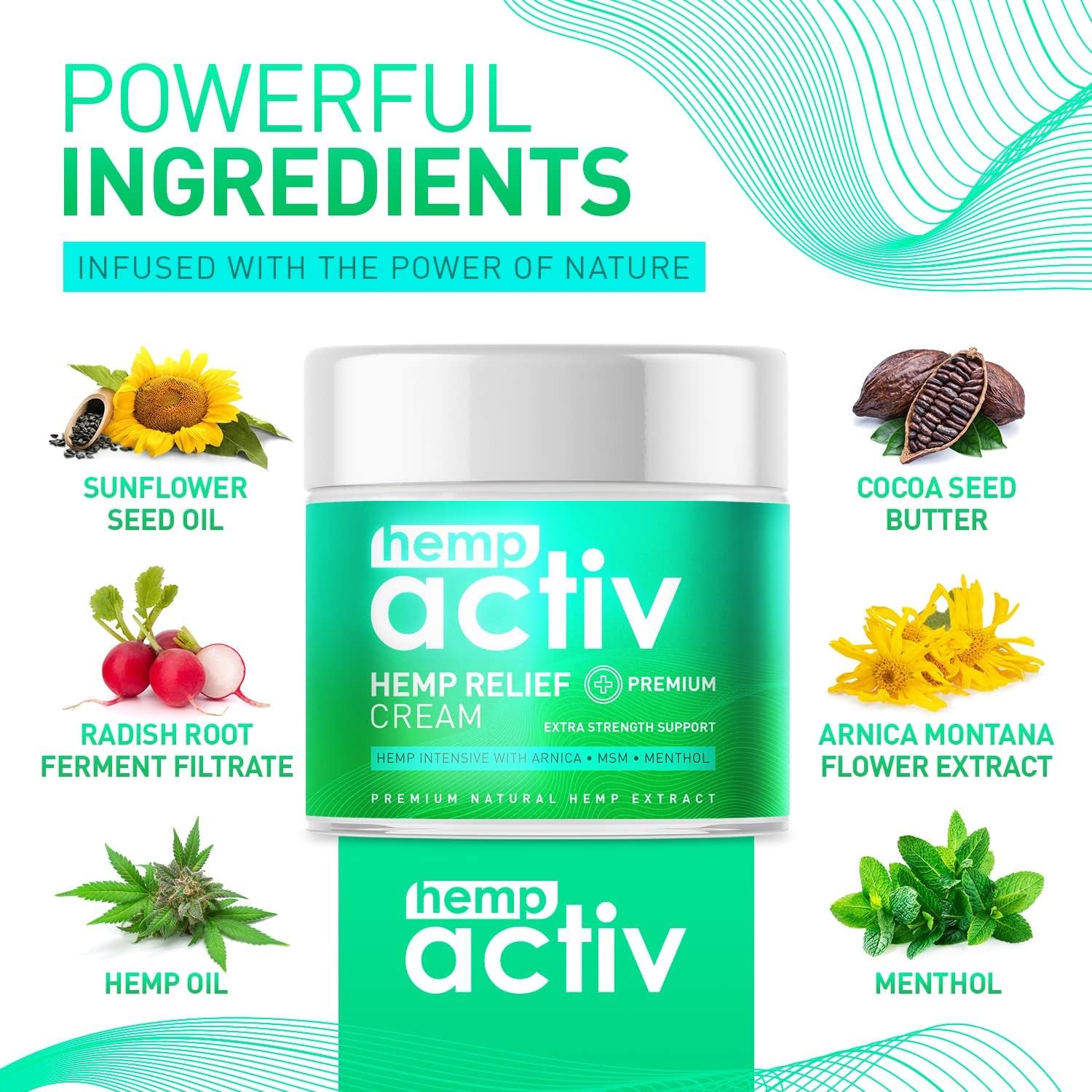 Hemp Cream, Use on Muscles, Neck and Shoulders, Infused with Hemp, Menthol, MSM & Arnica, 4 Fl Oz