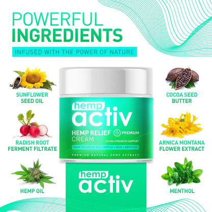 Hemp Cream, Use on Muscles, Neck and Shoulders, Infused with Hemp, Menthol, MSM & Arnica, 4 Fl Oz