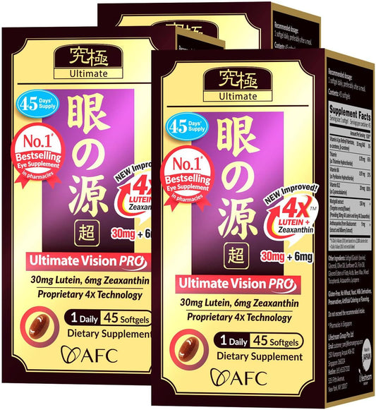 AFC Japan Ultimate Vision PRO – Improved, Up-Sized Formula - Support Vitamins for Eye Health with Lutein, Zeaxanthin 4X, Bilberry, Nutrients for Blurry Dry Eyes, Macular Health & Focus, 45 Softgelsx3