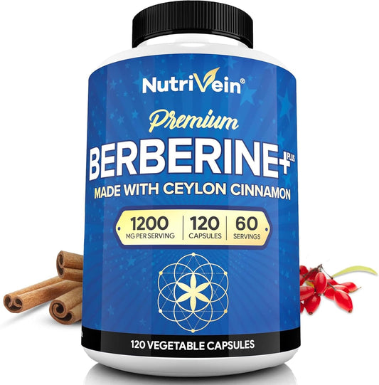 Nutrivein Premium Berberine HCL 1200 Mg with Ceylon Cinnamon - 120 Capsules: High-Absorption Berberine Supplement for Defenses, Digestion, & Metabolism