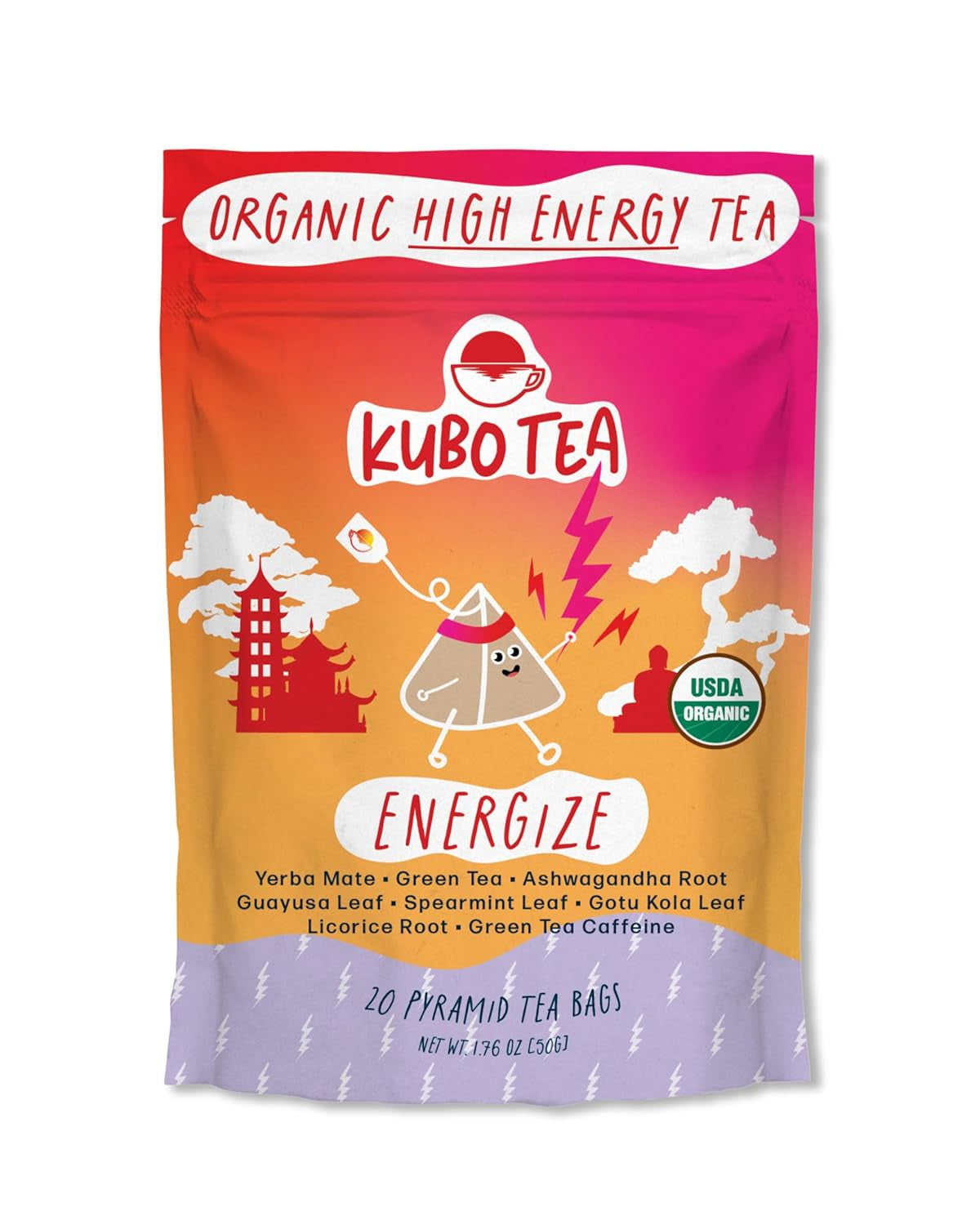 Kubo Tea Energize Yerba Mate Green Tea - Organic High Caffeine Energy Blend - 20 Pyramid Tea Bags (140Mg Caffeine Each) - Healthy Sugar Free Coffee Substitute for Hot and Iced Drinks - Biodegradable