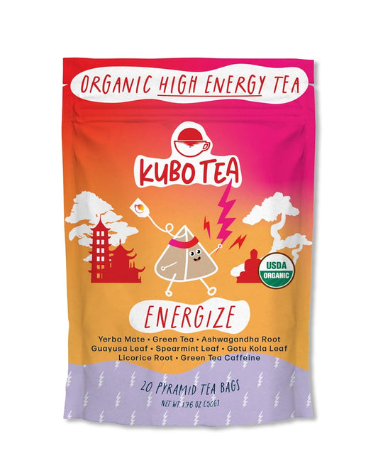 Kubo Tea Energize Yerba Mate Green Tea - Organic High Caffeine Energy Blend - 20 Pyramid Tea Bags (140Mg Caffeine Each) - Healthy Sugar Free Coffee Substitute for Hot and Iced Drinks - Biodegradable
