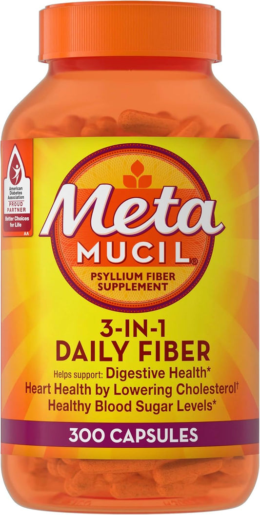 Metamucil, Daily Psyllium Husk Powder Supplement, 3-In-1 Fiber Supplement for Digestive Health, Plant Based Fiber Supplement, 300Ct Capsules