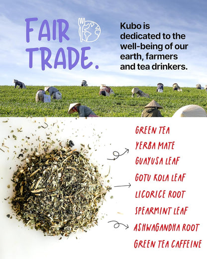 Kubo Tea Energize Yerba Mate Green Tea - Organic High Caffeine Energy Blend - 20 Pyramid Tea Bags (140Mg Caffeine Each) - Healthy Sugar Free Coffee Substitute for Hot and Iced Drinks - Biodegradable