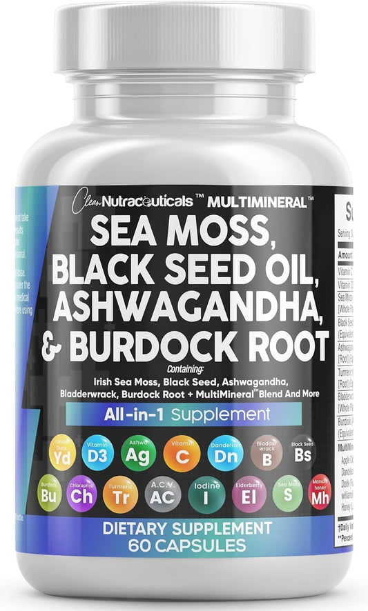 Clean Nutraceuticals Sea Moss, Black Seed Oil, Ashwagandha, Turmeric, Bladderwrack, Burdock, Vitamin C, Vitamin D3, Elderberry, Manuka, Dandelion, Yellow Dock, Iodine, Chlorophyll, and Apple Cider Vinegar Supplement