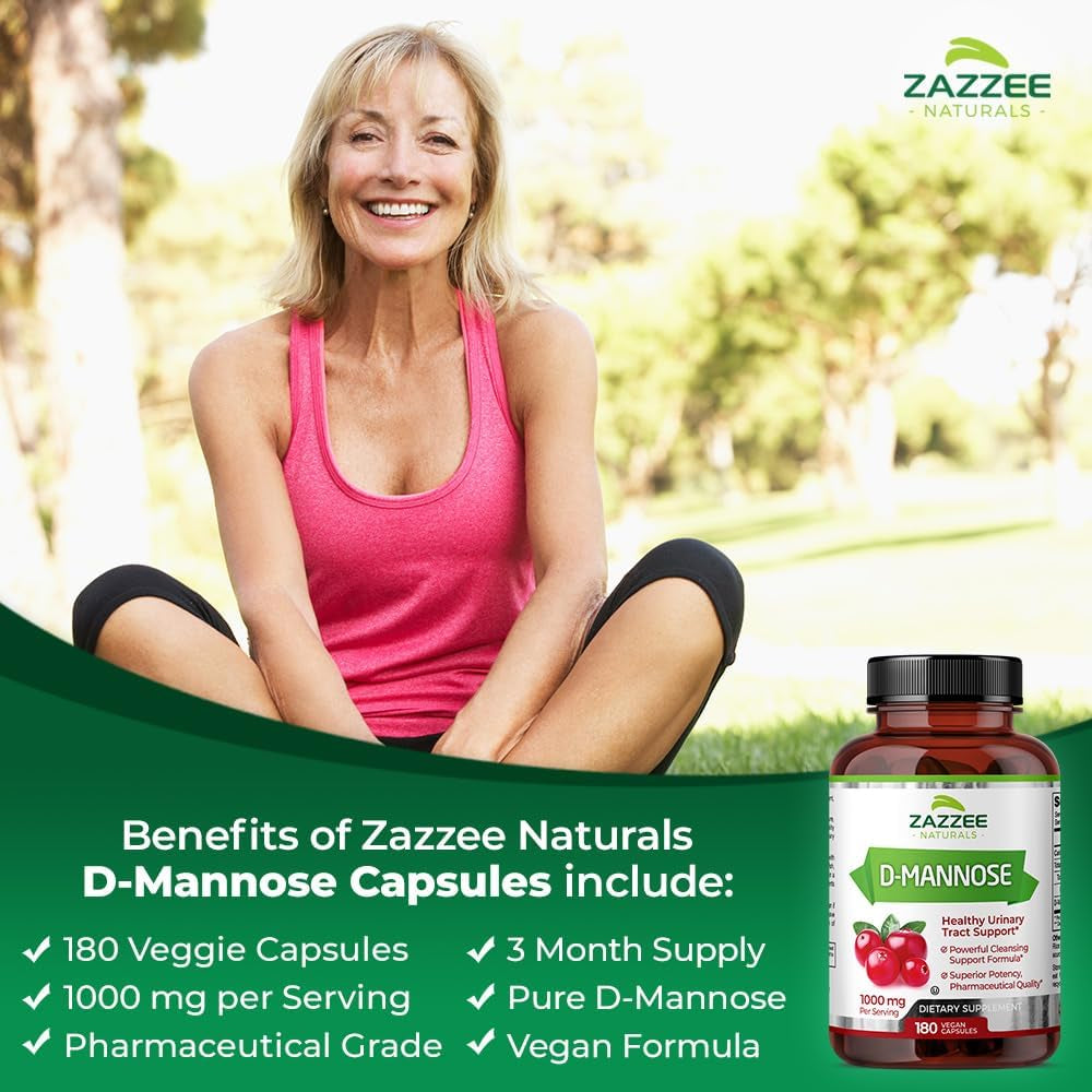 Zazzee D-Mannose, 1000 Mg per Serving, 180 Vegan Capsules, 3 Month Supply, Potent & Fast-Acting, Certified Kosher, 100% Pure, All-Natural Urinary Tract Health UTI Support, 100% Vegetarian, Non-Gmo