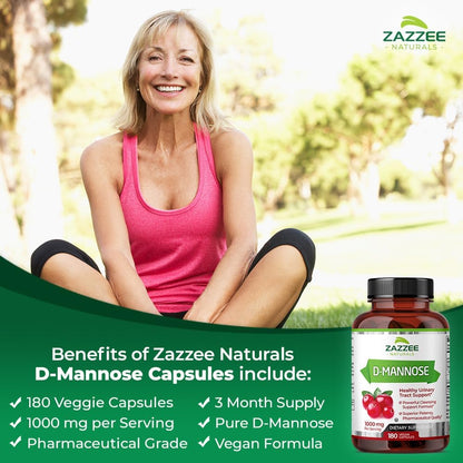 Zazzee D-Mannose, 1000 Mg per Serving, 180 Vegan Capsules, 3 Month Supply, Potent & Fast-Acting, Certified Kosher, 100% Pure, All-Natural Urinary Tract Health UTI Support, 100% Vegetarian, Non-Gmo