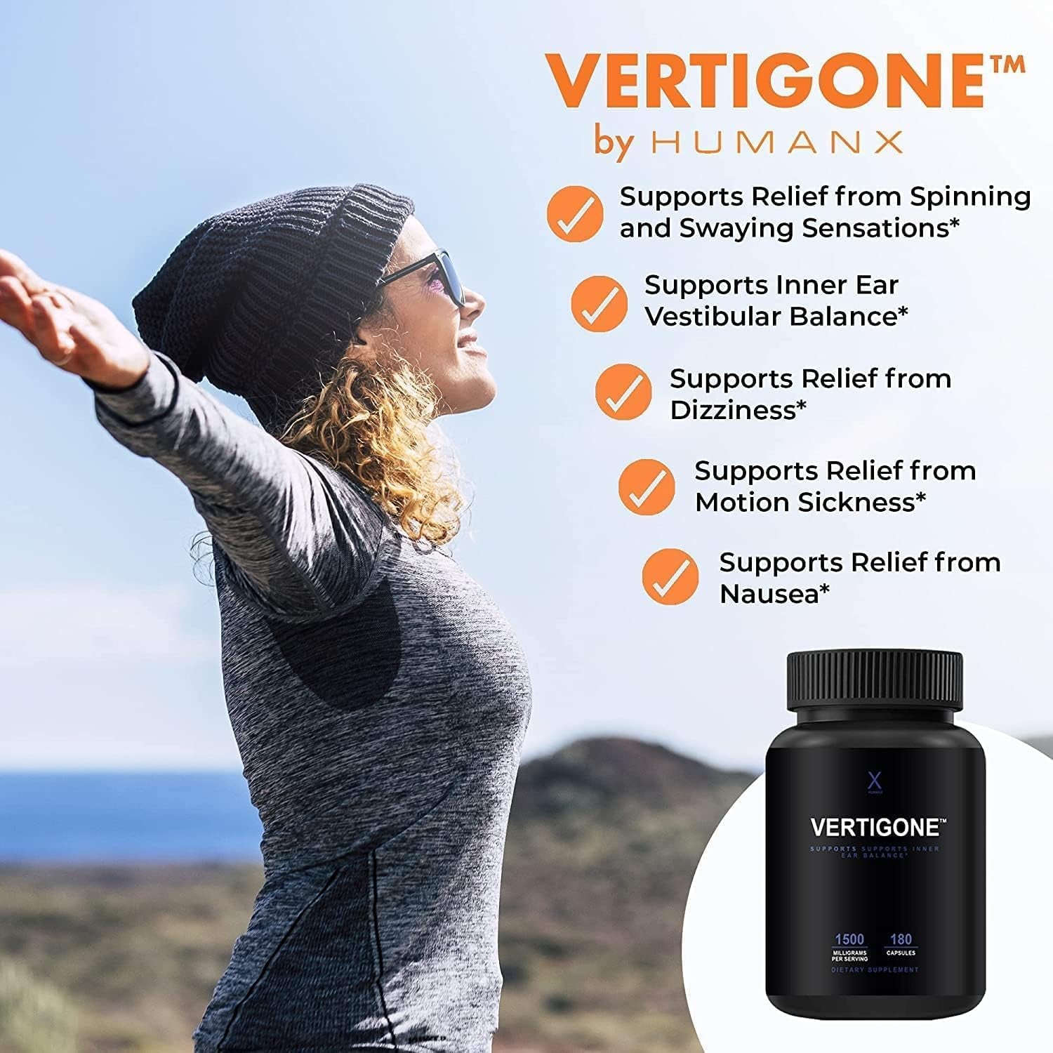 HUMANX Vertigone - Vertigo Relief - Time-Tested Ingredients - Ancient Natural Inner Ear Balance Supplement - Relieves Dizziness, Nausea, Spinning & Swaying Sensations - Non GMO - Dizzy Aid Pills