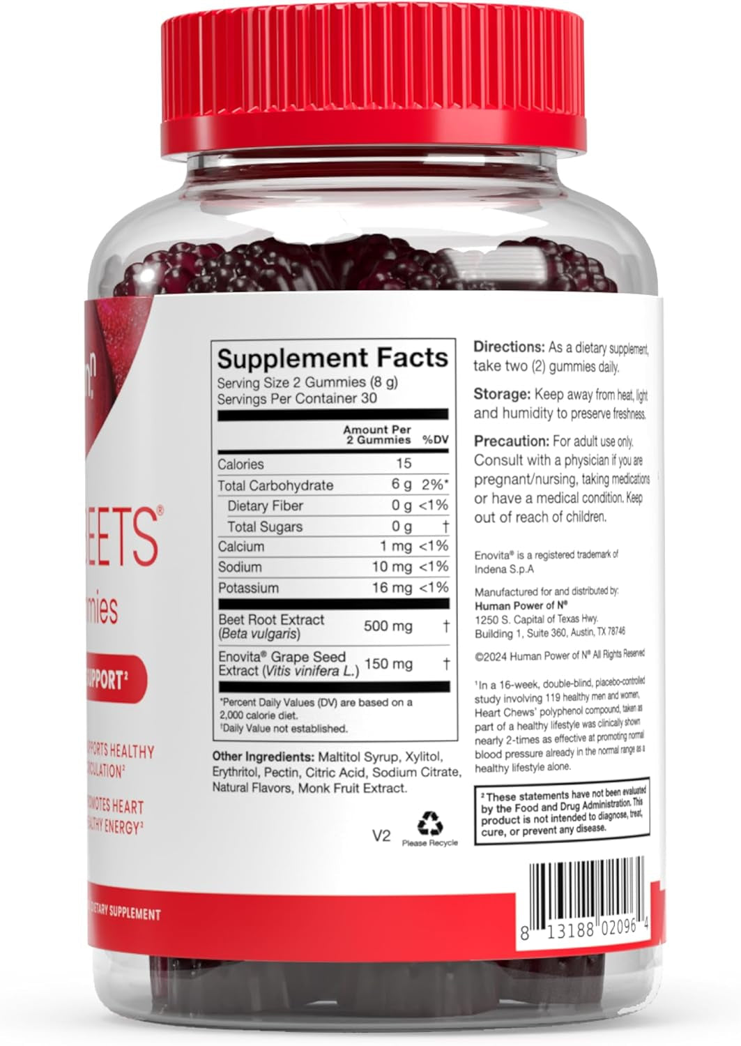 Humann Superbeets Heart Gummies - Beet Gummy with Energy Support, Grape Seed Extract & Beetroot Powder, Sugar Free - Pomegranate Berry Flavor, 60 Count