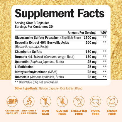 Glucosamine Chondroitin MSM and Turmeric Supplement - Joint Support Supplement for Women & Men with Boswellia & Glucosamine Sulfate 1500 Mg. Used for Cartilage & Joint Health & Flexibility 90 Capsules