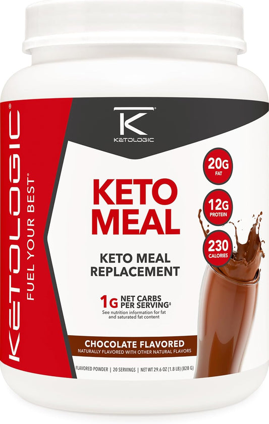 Ketologic Keto Meal Replacement Shake Powder for Optimal Results + MCT Oil + Grass-Fed Whey - Perfectly Formulated Macros for Ketosis - 20 Servings - Chocolate
