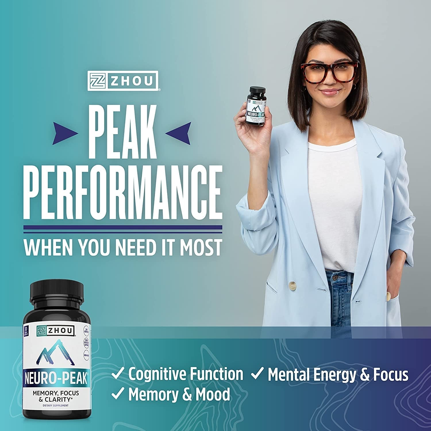 Zhou Neuro Peak Brain Support Supplement | Memory, Focus & Clarity Formula | DMAE, Rhodiola Rosea, Bacopa Monnieri, Ginkgo Biloba & More | 30 Vegcaps