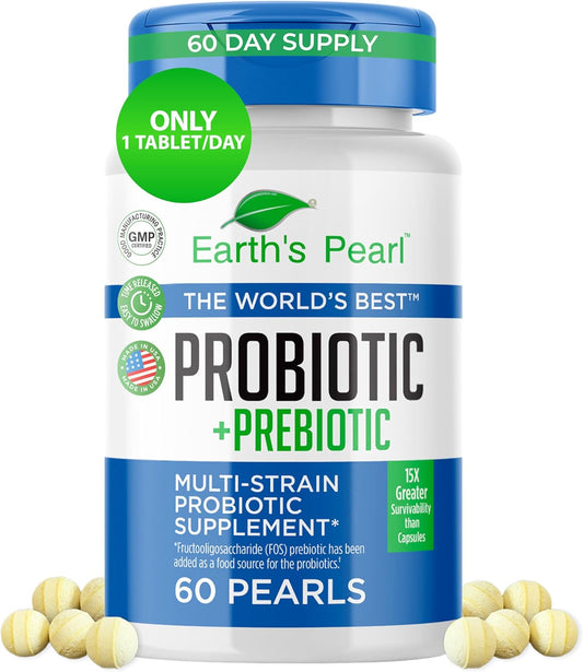Earth'S Pearl Probiotics for Women & Men & Kids - Pearl-Shaped Probiotic & Prebiotics with Bio-Tract®, 4 Billion CFU, Gut Health Support (60-Day Supply)