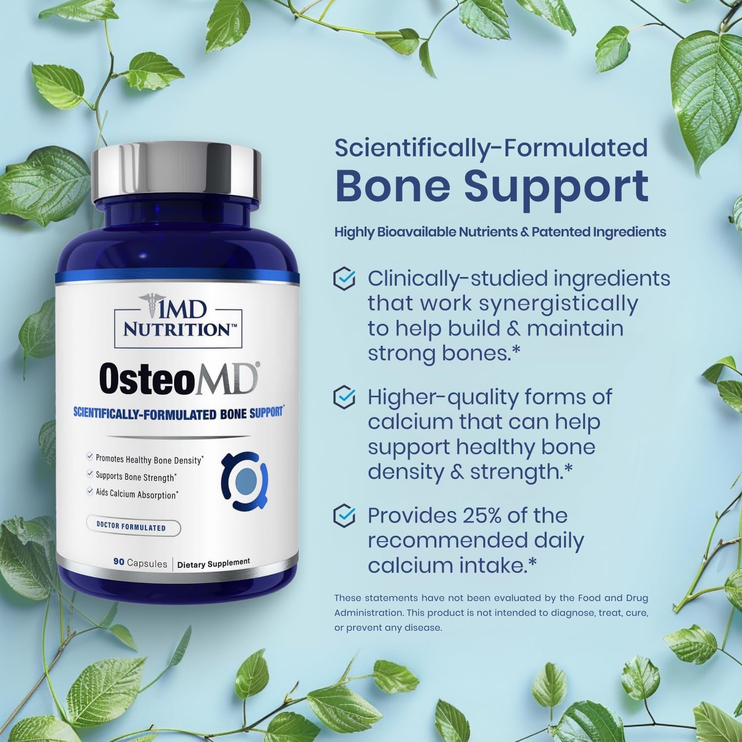 1MD Nutrition Osteomd for Comprehensive Bone Support | with Calcium Hydroxyapatite, Vitamin D3 & K2 | 180 Capsules (2-Pack)