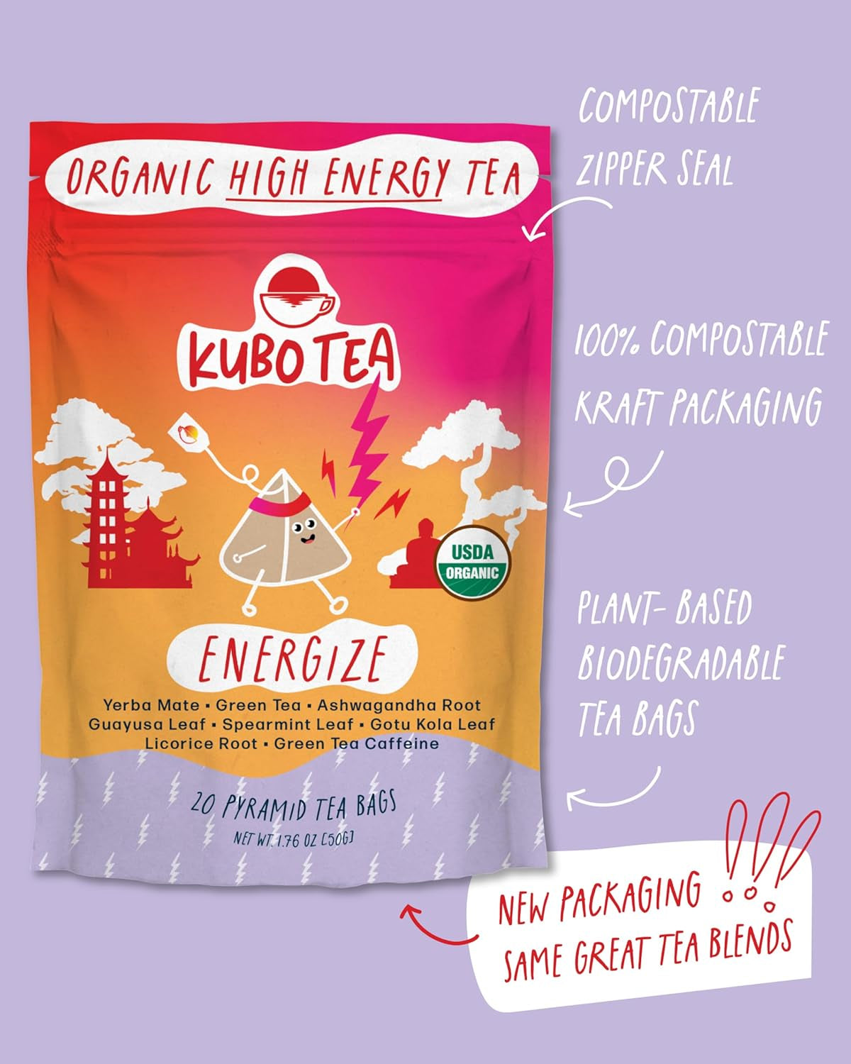 Kubo Tea Energize Yerba Mate Green Tea - Organic High Caffeine Energy Blend - 20 Pyramid Tea Bags (140Mg Caffeine Each) - Healthy Sugar Free Coffee Substitute for Hot and Iced Drinks - Biodegradable