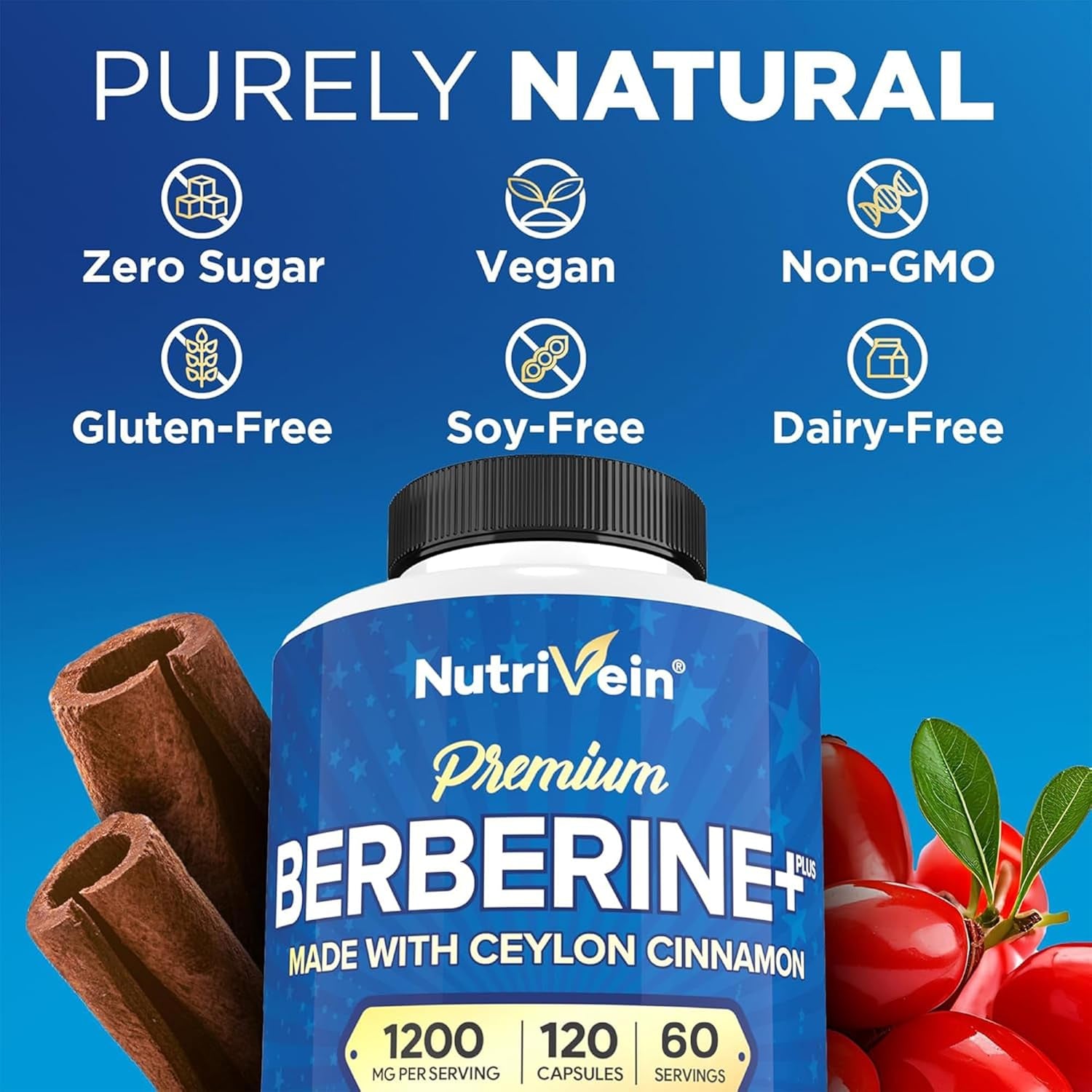 Nutrivein Premium Berberine HCL 1200 Mg with Ceylon Cinnamon - 120 Capsules: High-Absorption Berberine Supplement for Defenses, Digestion, & Metabolism