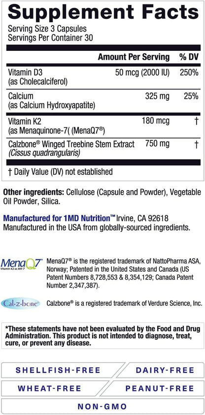 1MD Nutrition Osteomd for Comprehensive Bone Support | with Calcium Hydroxyapatite, Vitamin D3 & K2 | 180 Capsules (2-Pack)