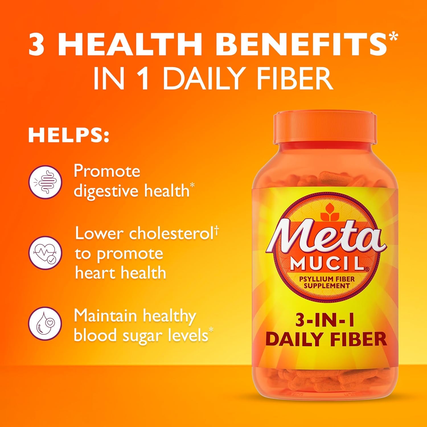 Metamucil, Daily Psyllium Husk Powder Supplement, 3-In-1 Fiber Supplement for Digestive Health, Plant Based Fiber Supplement, 300Ct Capsules