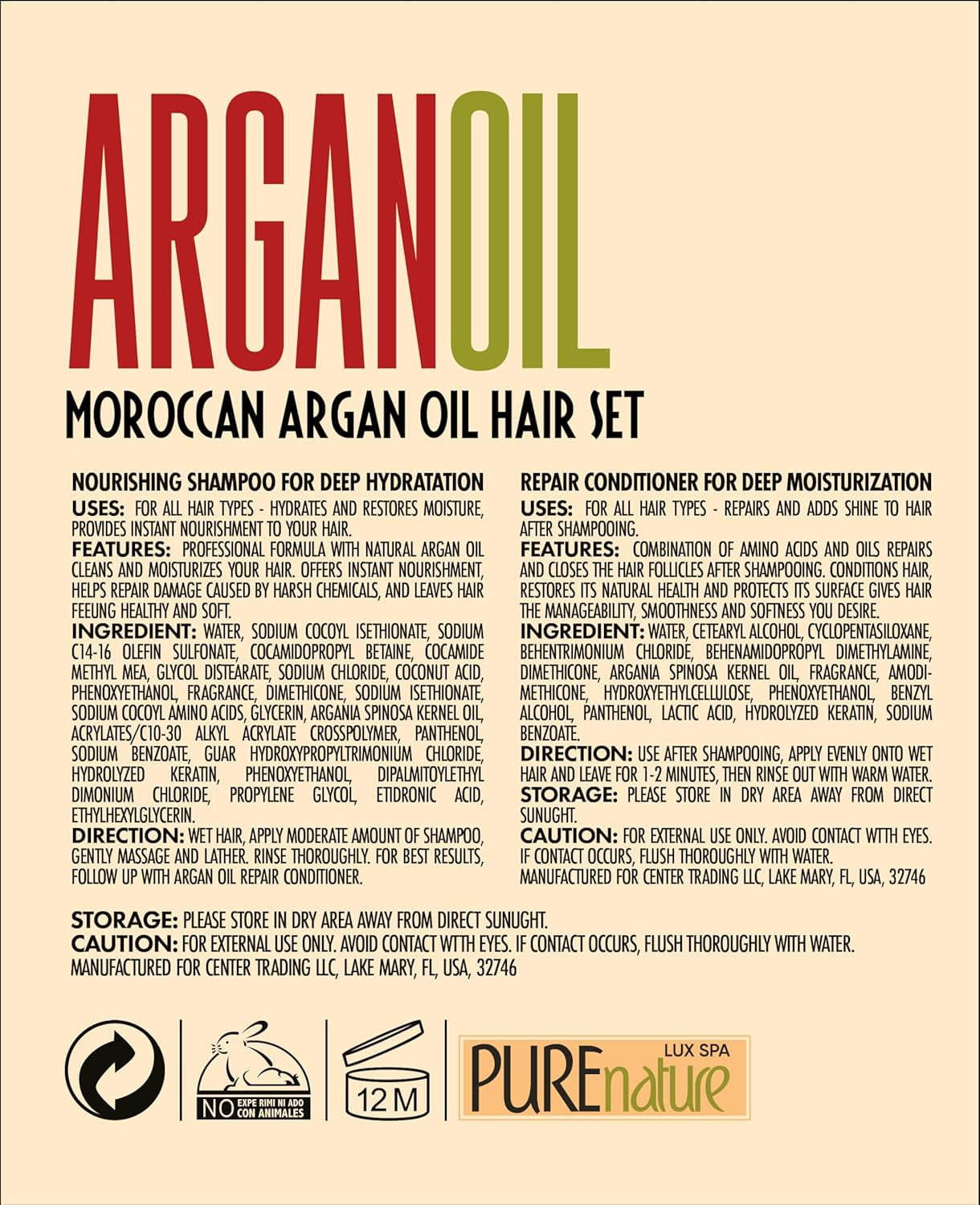Argan Oil Shampoo and Conditioner Set - Sulfate Free Moroccan Care with Keratin - for Curly, Straight, Dry and Damaged Hair - Moisturizing, Hydrating, anti Frizz Salon Technology