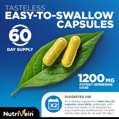 Nutrivein Premium Berberine HCL 1200 Mg with Ceylon Cinnamon - 120 Capsules: High-Absorption Berberine Supplement for Defenses, Digestion, & Metabolism