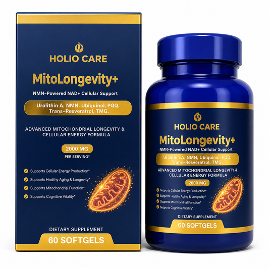 Holio Care MitoLongevity+ | NAD+ Complex with Urolithin A, Ubiquinol (CoQ10), PQQ & Trans-Resveratrol | Cellular Energy & Mit